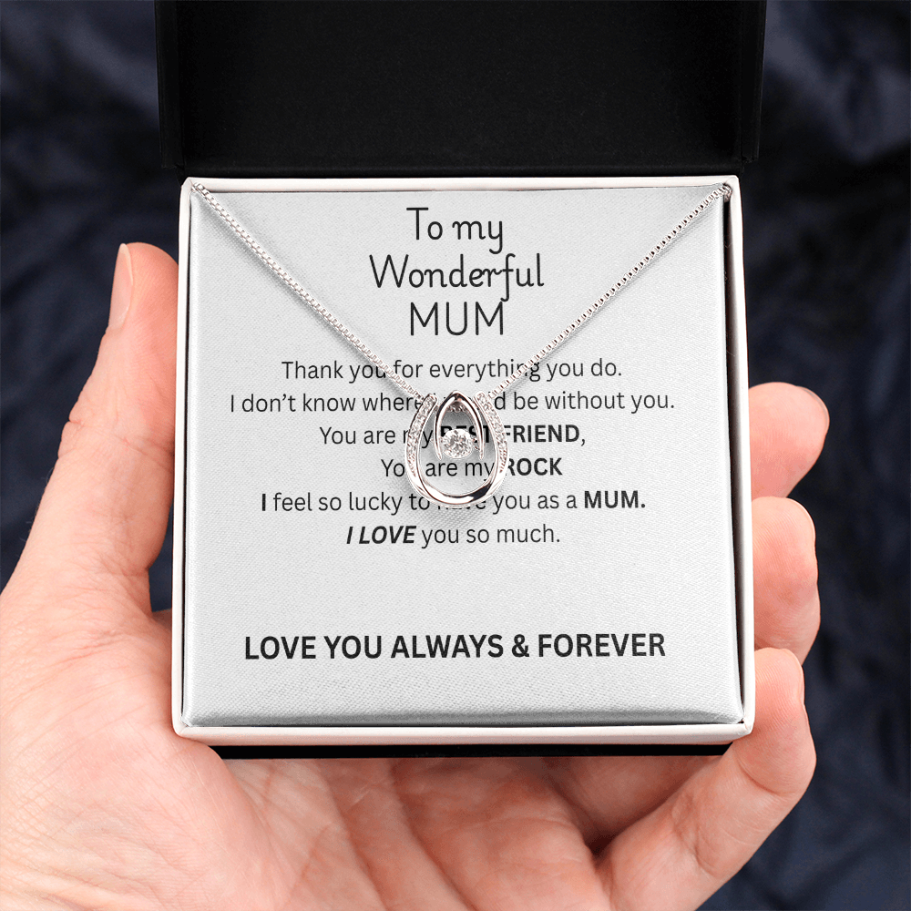 To My Mum Lucky Horseshoe Necklace, Dancing Crystal Pendant in White Gold