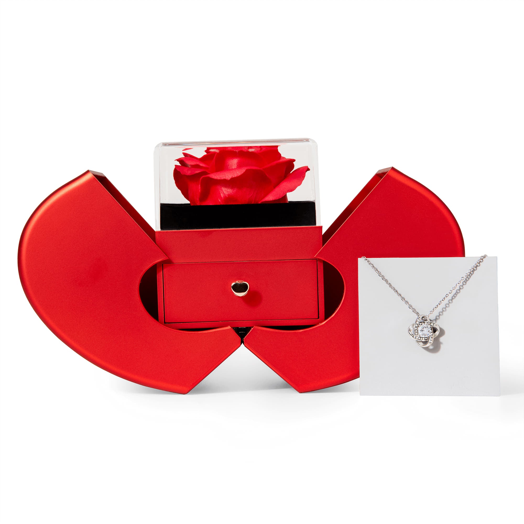 Love Knot Necklace with Red Rose Heart Box