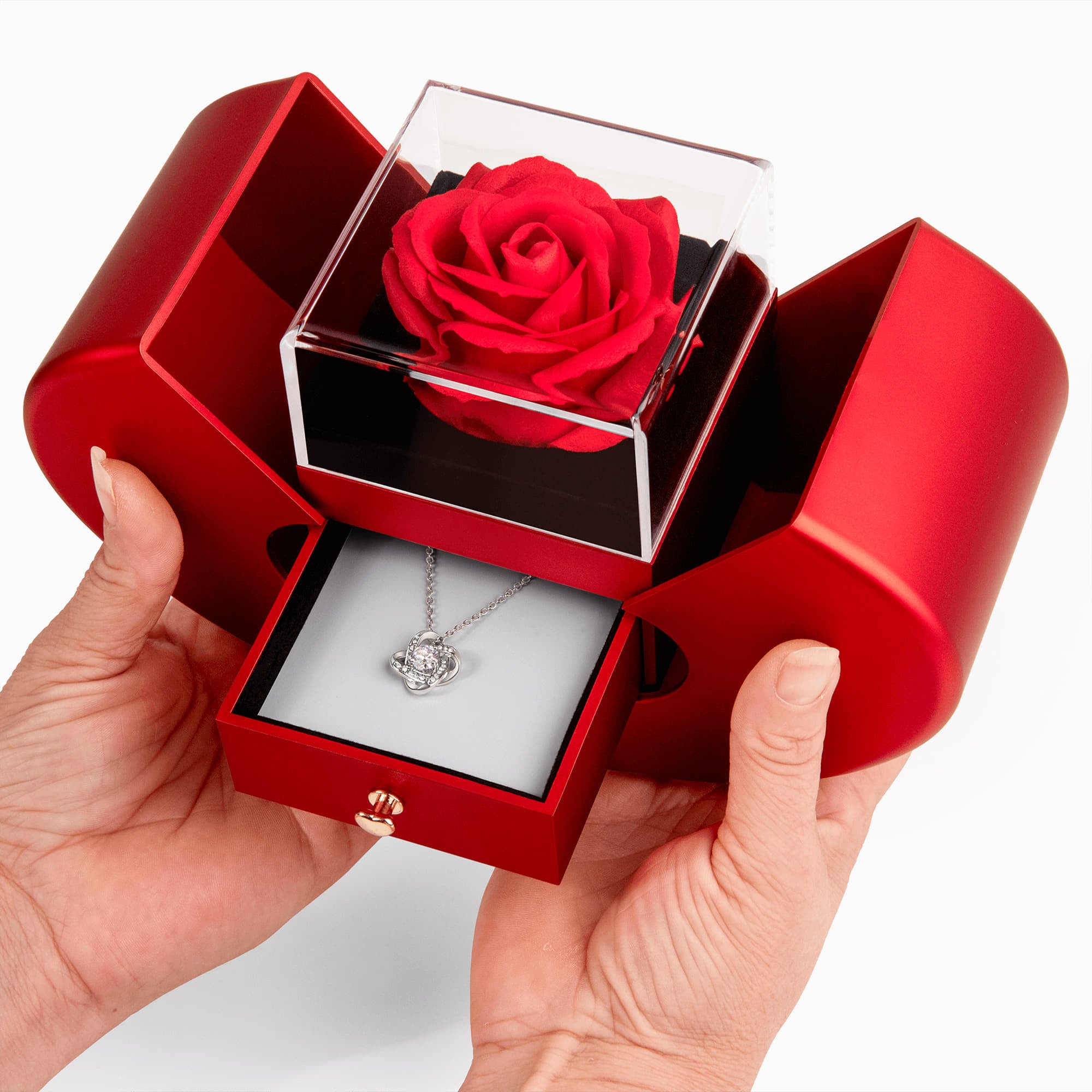 Love Knot Necklace with Red Rose Heart Box