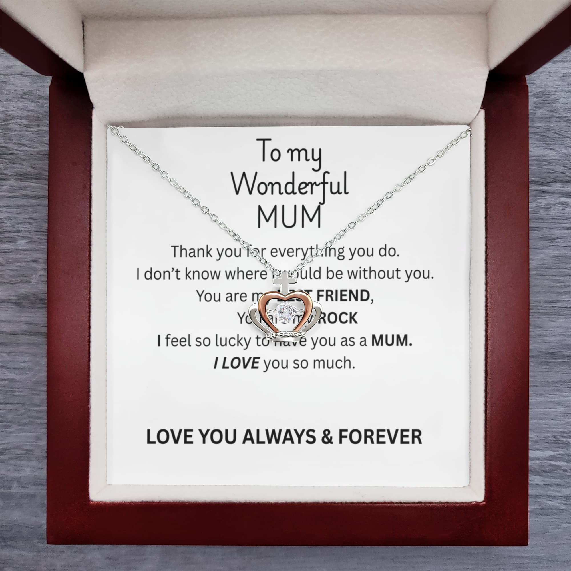 To My Mum Crown Pendant Necklace in Silver and Rose Gold
