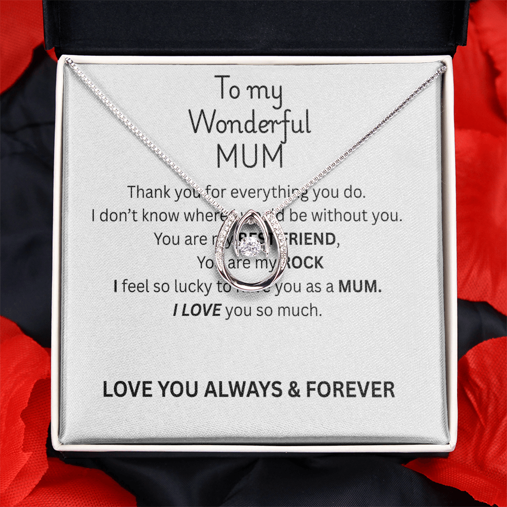 To My Mum Lucky Horseshoe Necklace, Dancing Crystal Pendant in White Gold
