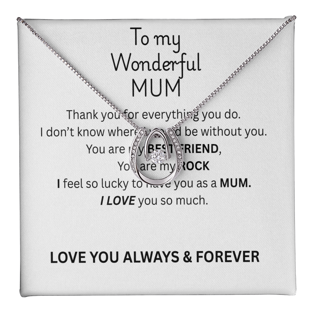 To My Mum Lucky Horseshoe Necklace, Dancing Crystal Pendant in White Gold