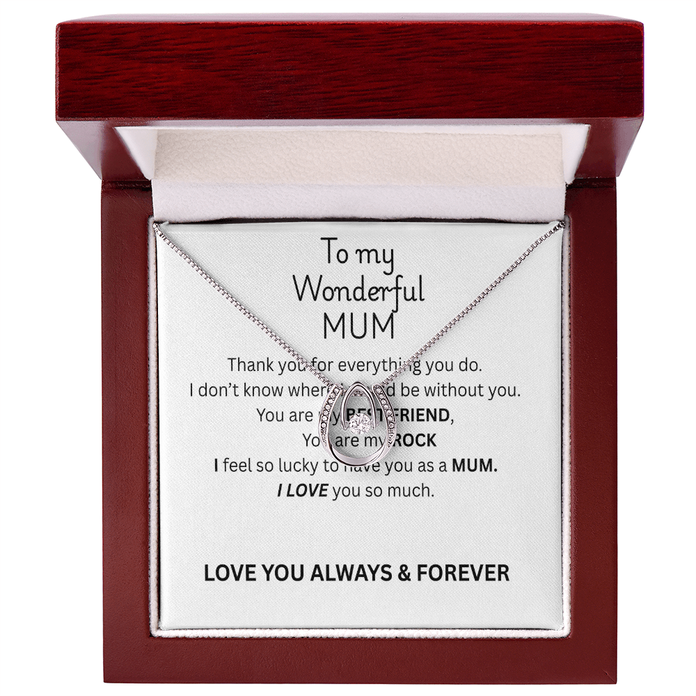 To My Mum Lucky Horseshoe Necklace, Dancing Crystal Pendant in White Gold